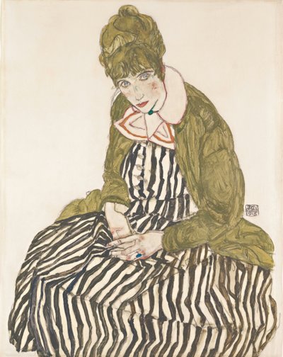Edith im gestreiften Kleid, sitzend von Egon Schiele